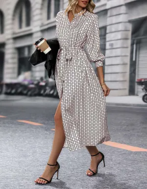 All Over Printed Button Belted Slits Midi A-Line Dresses