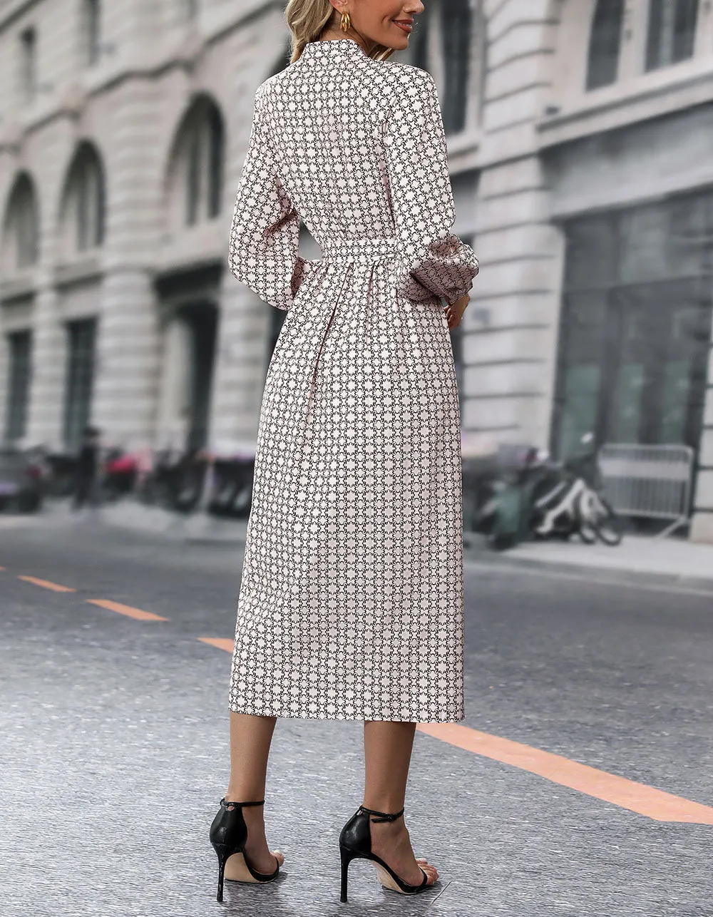 All Over Printed Button Belted Slits Midi A-Line Dresses