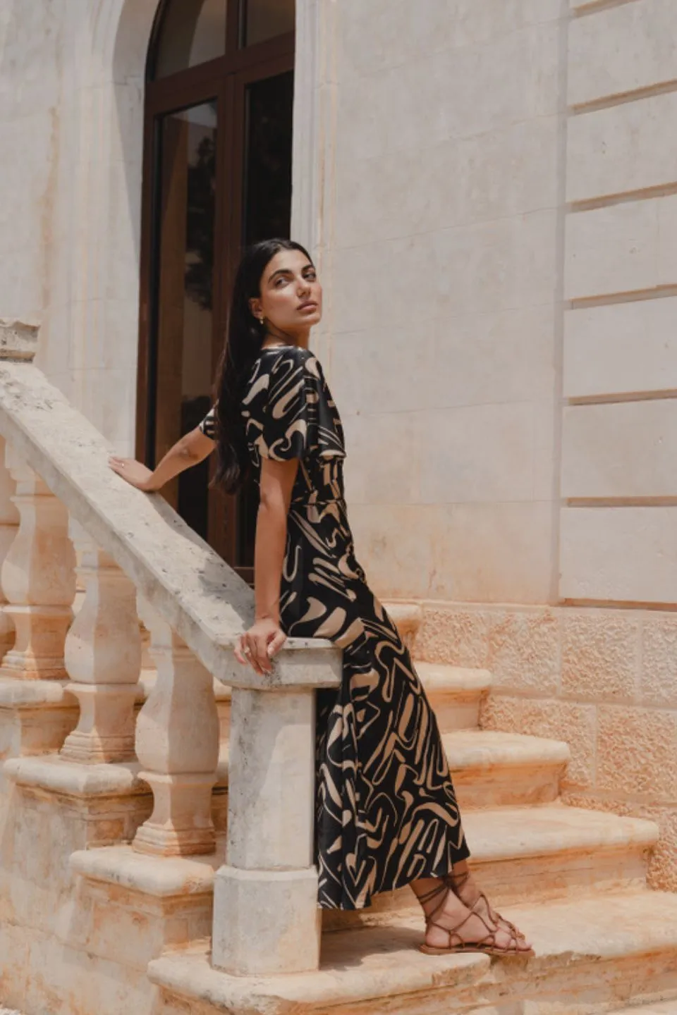 Anticipate Black Caramel Abstract Satin Kimono Short Sleeve Bias Maxi Dress