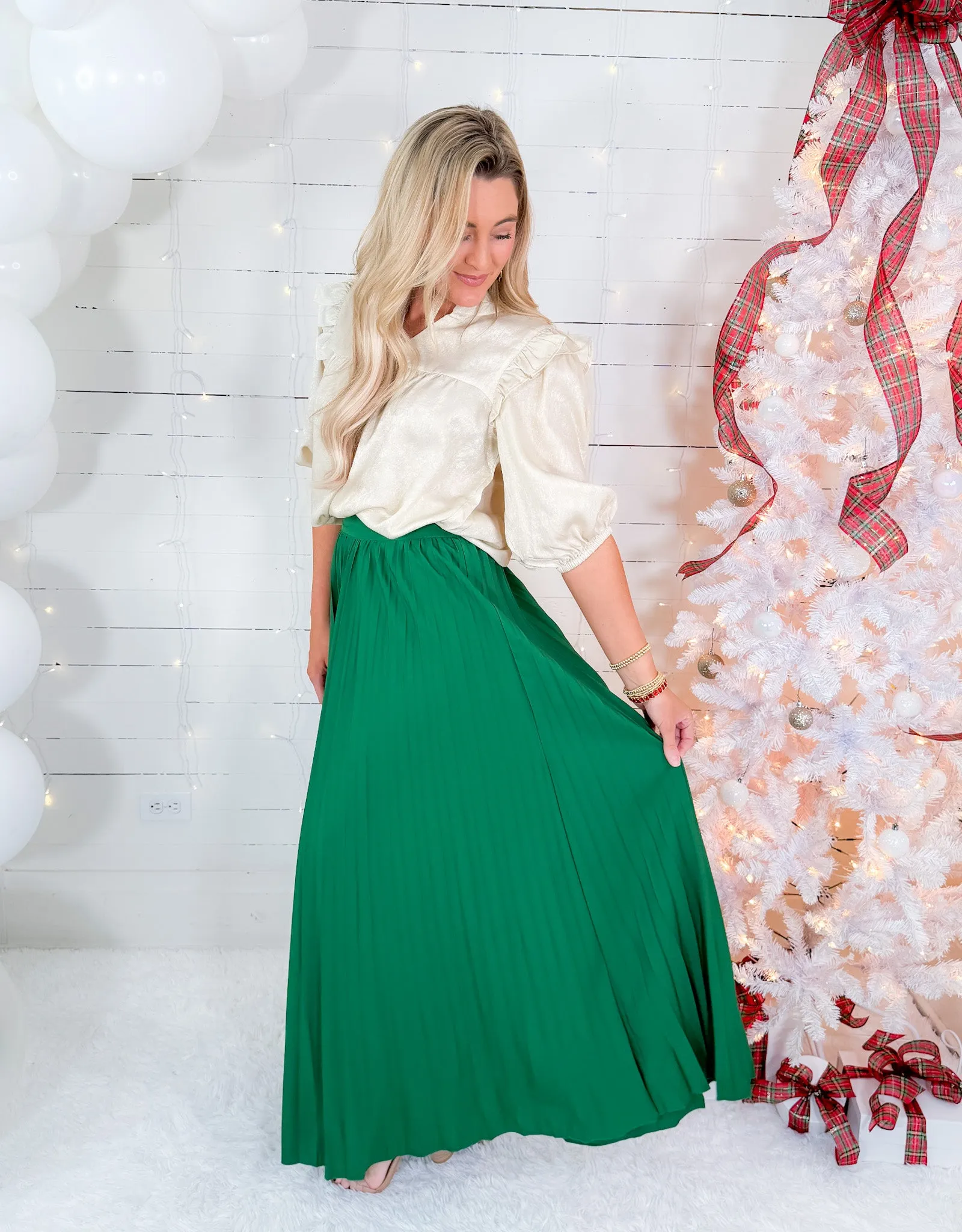 Avery Green Pleated Maxi Skirt