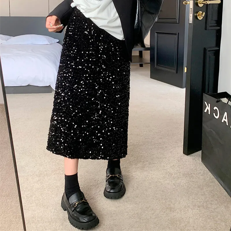 Black Sequin Midi Skirt