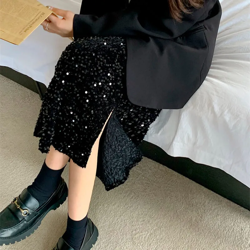 Black Sequin Midi Skirt