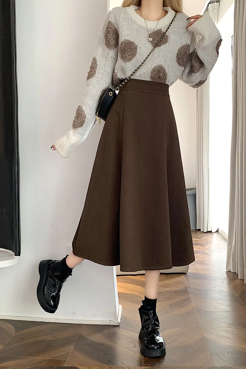 Chocolate Brown Academia Midi Skirt Elastic High Waist