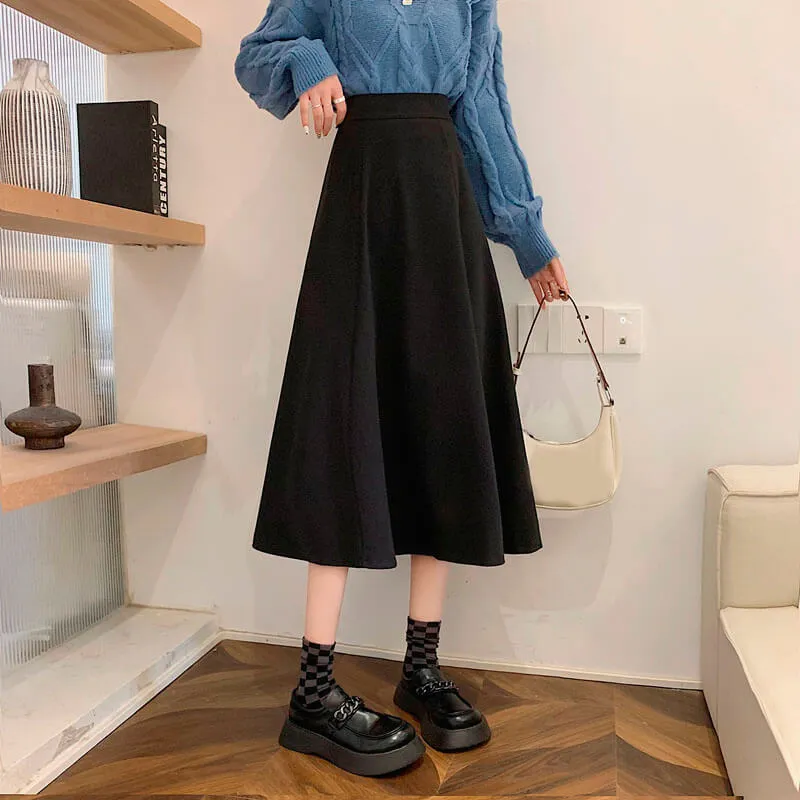 Chocolate Brown Academia Midi Skirt Elastic High Waist