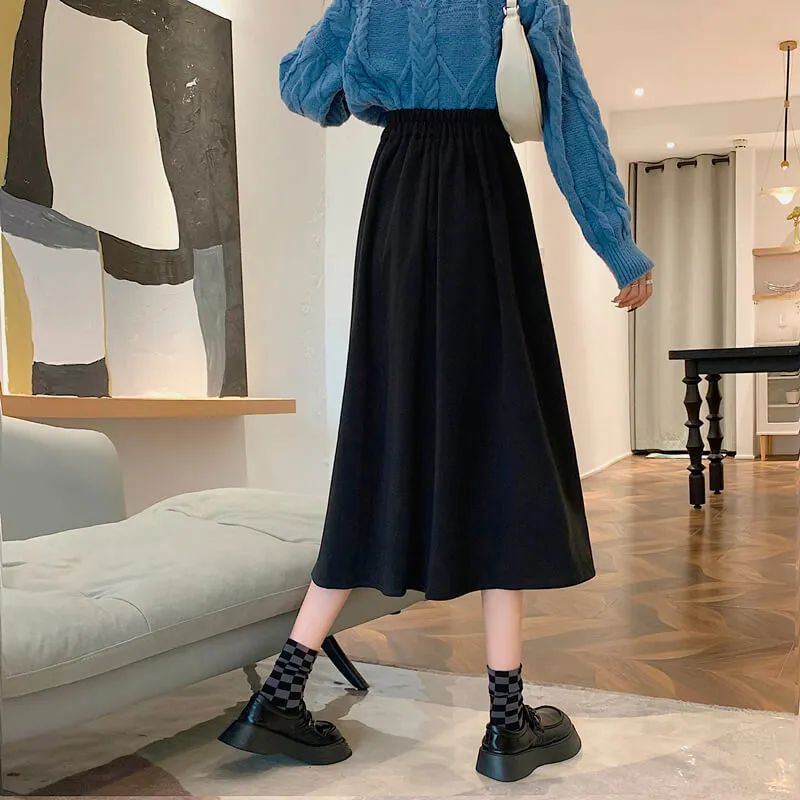 Chocolate Brown Academia Midi Skirt Elastic High Waist