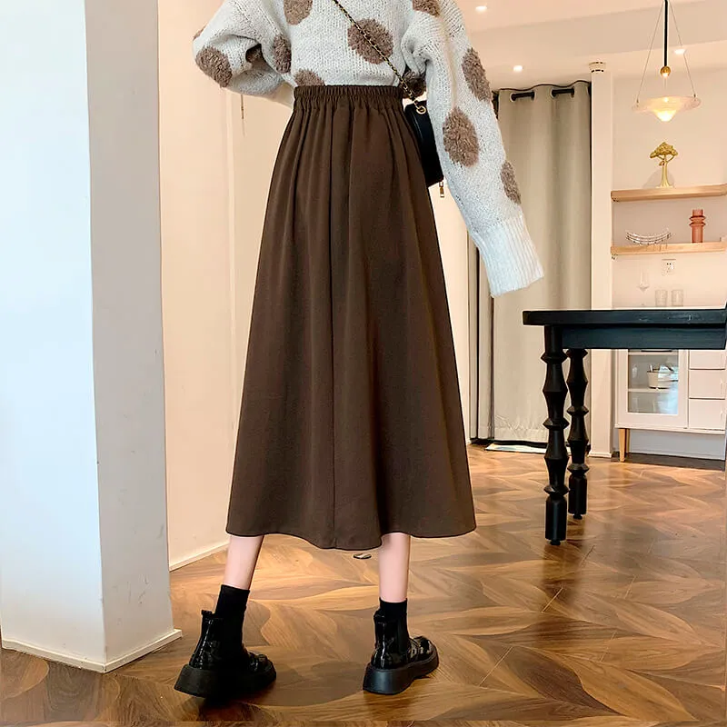 Chocolate Brown Academia Midi Skirt Elastic High Waist