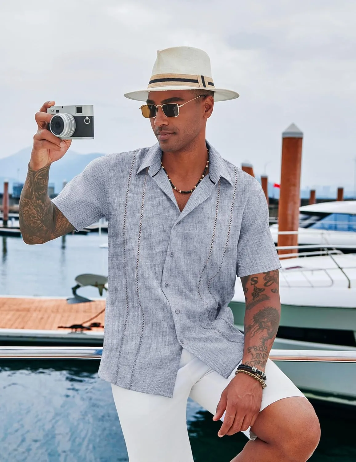 COOFANDY Men's Cuban Guayabera Shirt Casual Short Sleeve Button Down Shirts Summer Beach Shirts