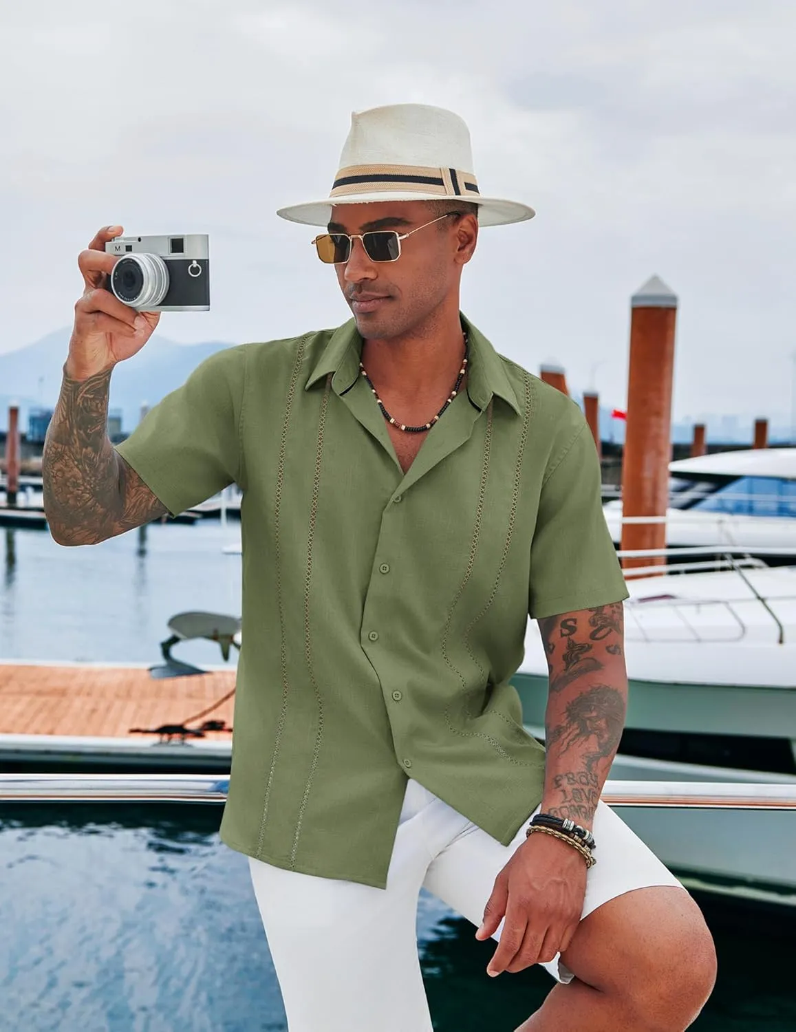 COOFANDY Men's Cuban Guayabera Shirt Casual Short Sleeve Button Down Shirts Summer Beach Shirts