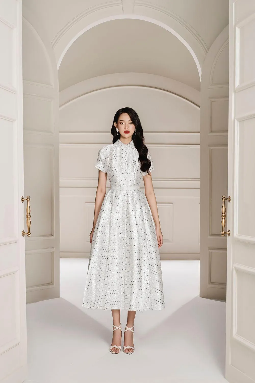 Coral Fit and Flare Shirt Collar Taffeta Midi Dress
