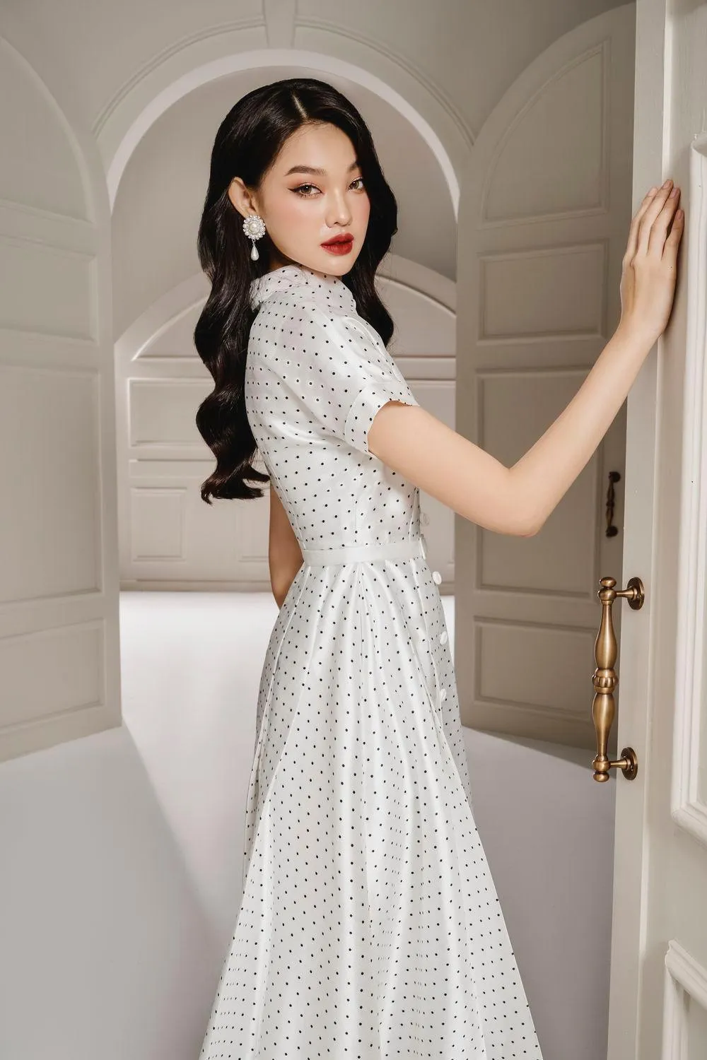Coral Fit and Flare Shirt Collar Taffeta Midi Dress