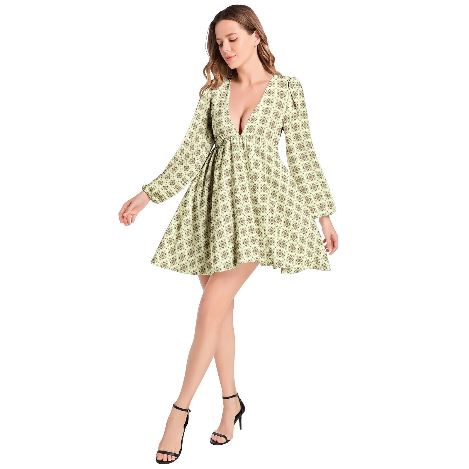 Diamond Matrix Lantern Sleeve Deep V-Neck Short Dress