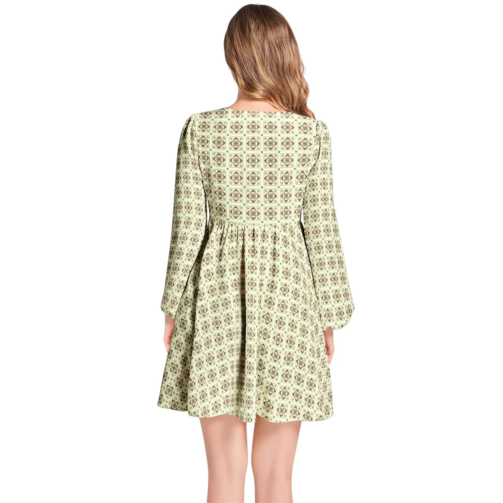 Diamond Matrix Lantern Sleeve Deep V-Neck Short Dress