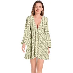 Diamond Matrix Lantern Sleeve Deep V-Neck Short Dress