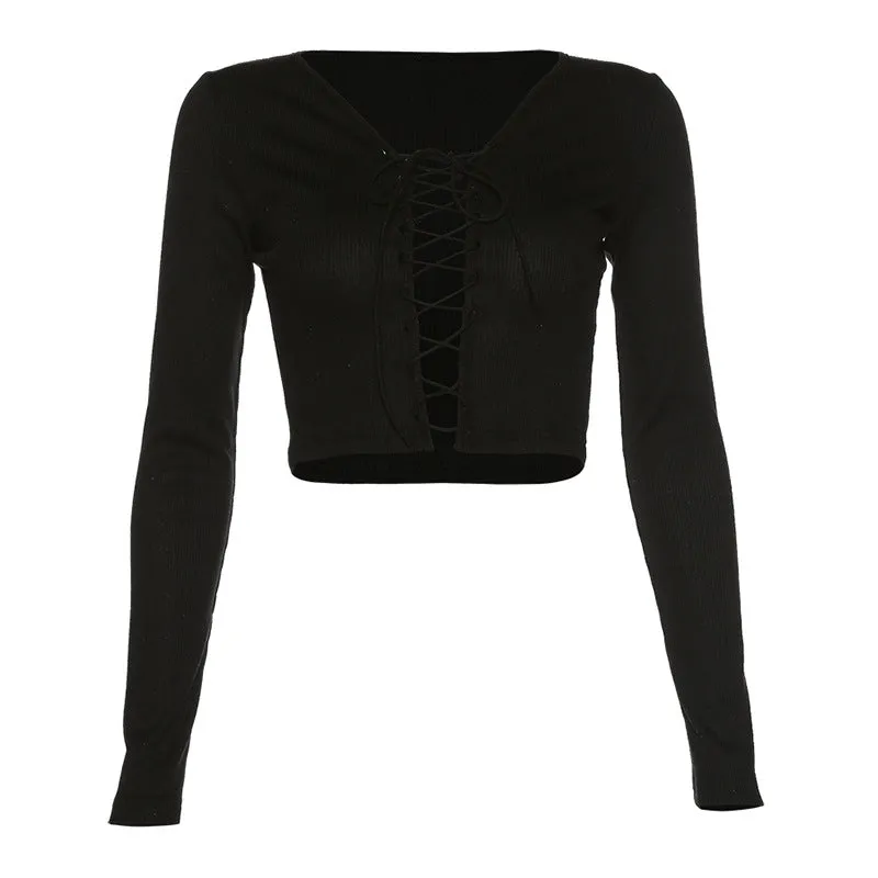 Fashion all-match solid color long-sleeved round neck strapless T-shirt
