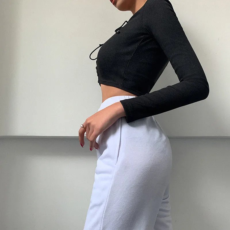 Fashion all-match solid color long-sleeved round neck strapless T-shirt