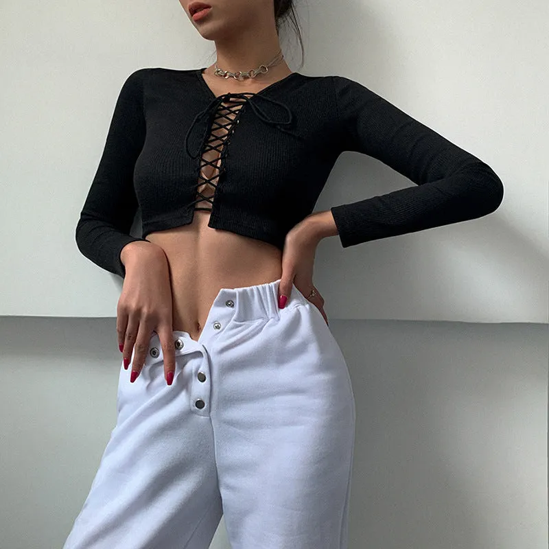 Fashion all-match solid color long-sleeved round neck strapless T-shirt