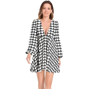 Heart Matrix Lantern Sleeve Deep V-Neck Short Dress