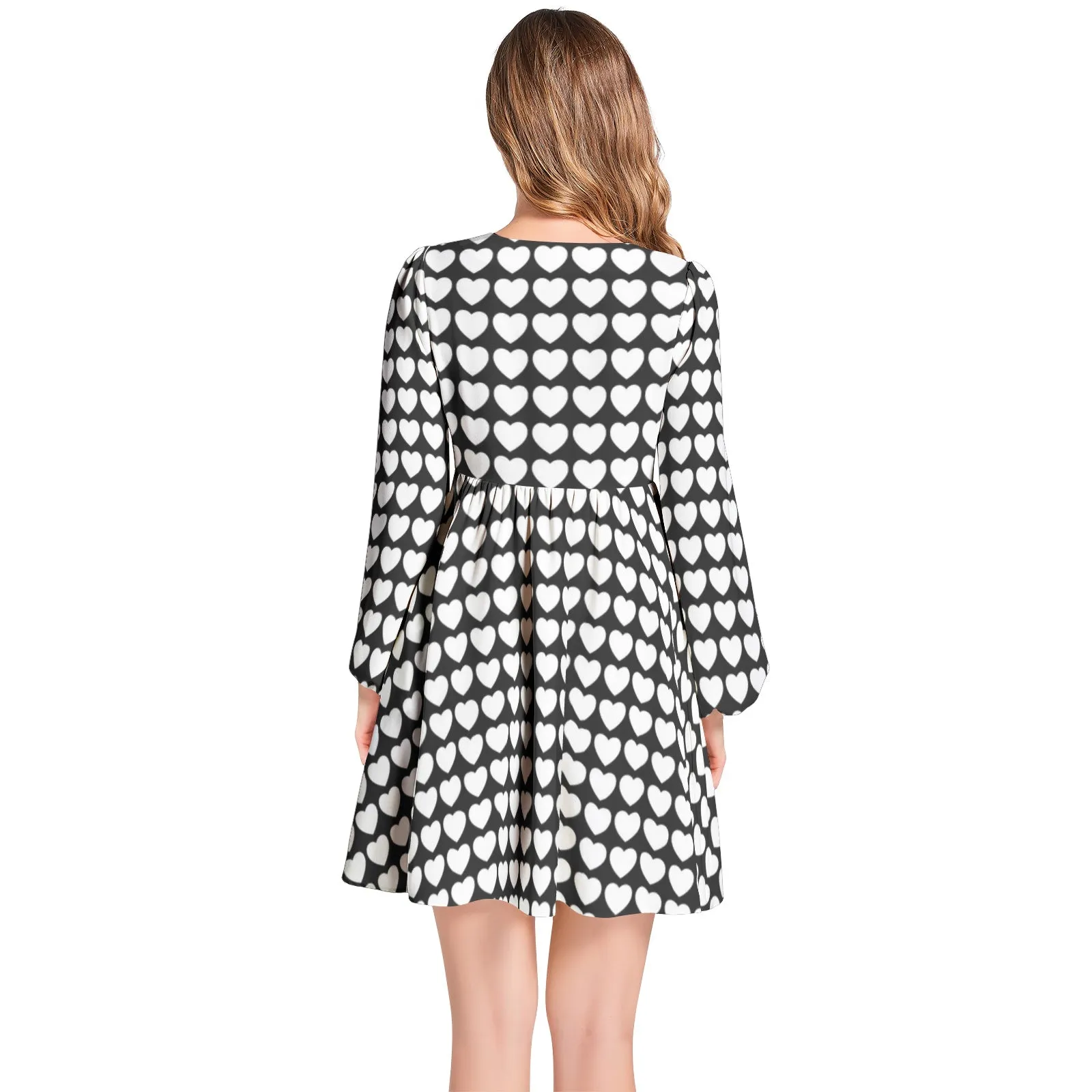 Heart Matrix Lantern Sleeve Deep V-Neck Short Dress