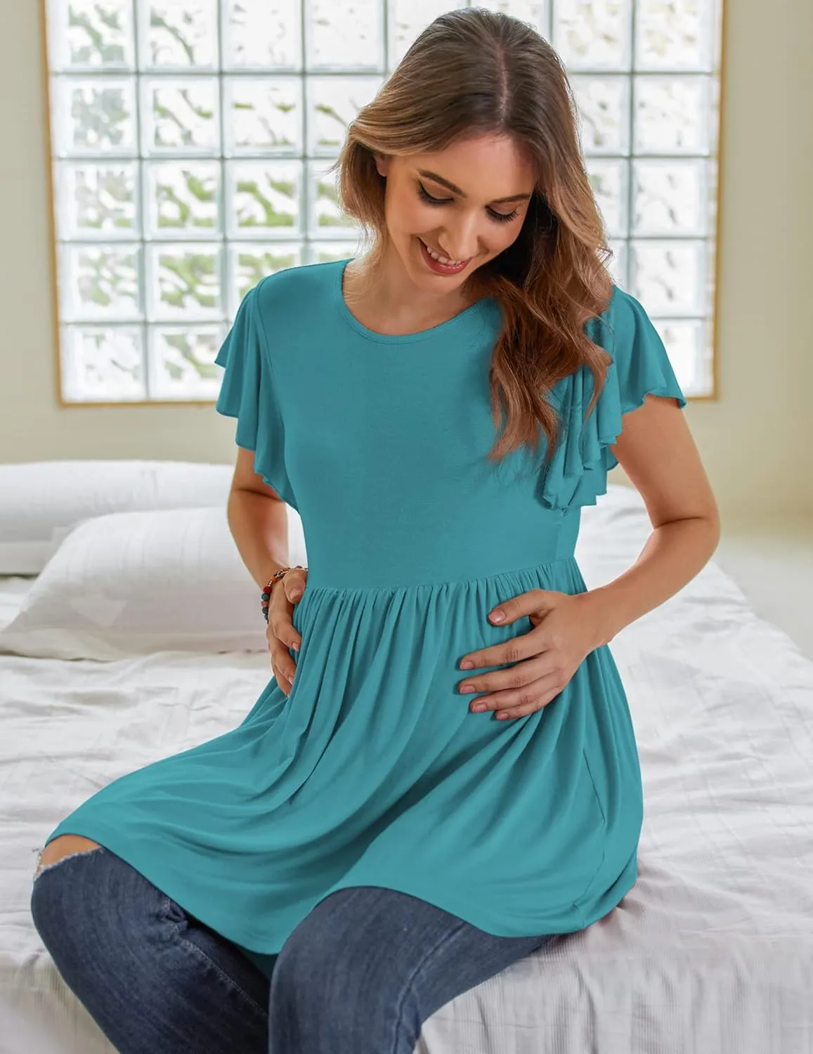 HOTOUCH Women's Maternity Top Shirts Casual Peplum Pregnancy Blouse Short Sleeve Maternity Shirts