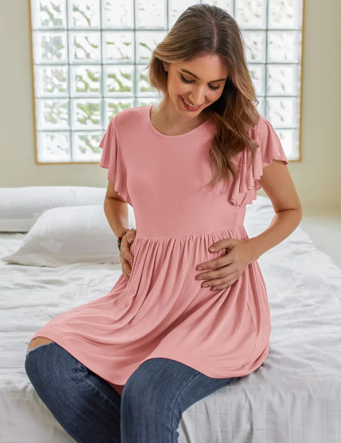 HOTOUCH Women's Maternity Top Shirts Casual Peplum Pregnancy Blouse Short Sleeve Maternity Shirts