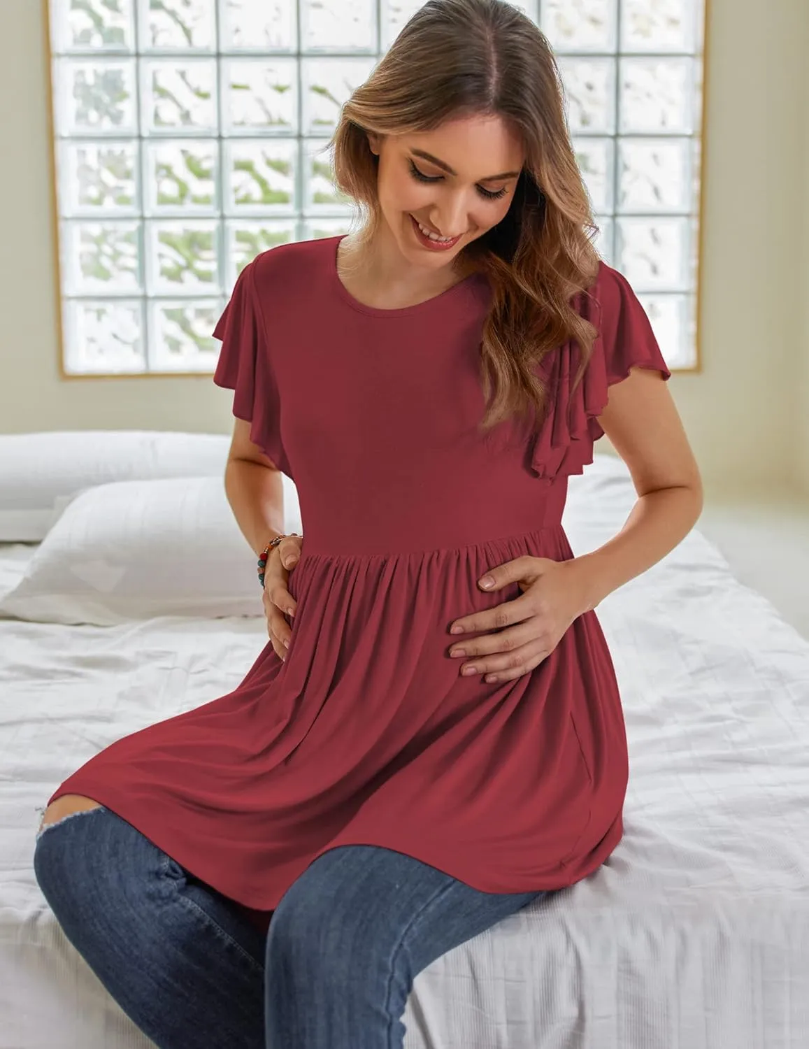 HOTOUCH Women's Maternity Top Shirts Casual Peplum Pregnancy Blouse Short Sleeve Maternity Shirts