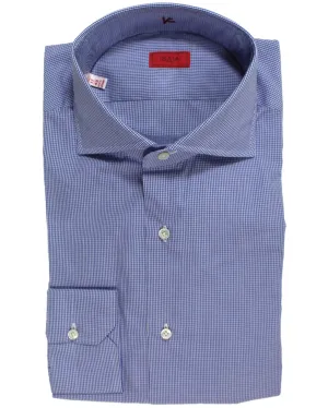 Isaia Dress Shirt White Blue Micro Check 43 - 17 Regular Fit