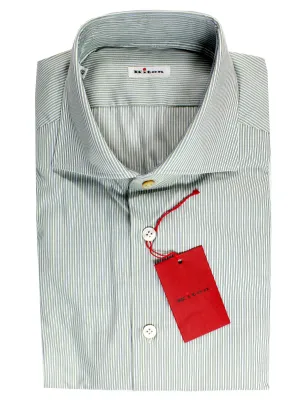 Kiton Dress Shirt White Green Navy Stripes 38 - 15 SALE