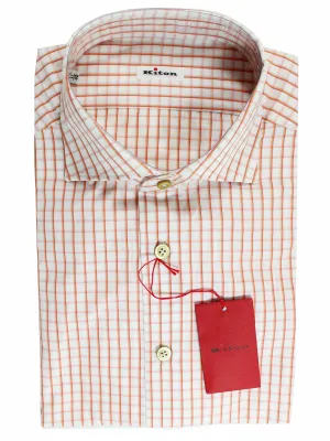 Kiton Dress Shirt White Orange Graph Check Spread Collar 39 - 15 1/2 REDUCED - SALE