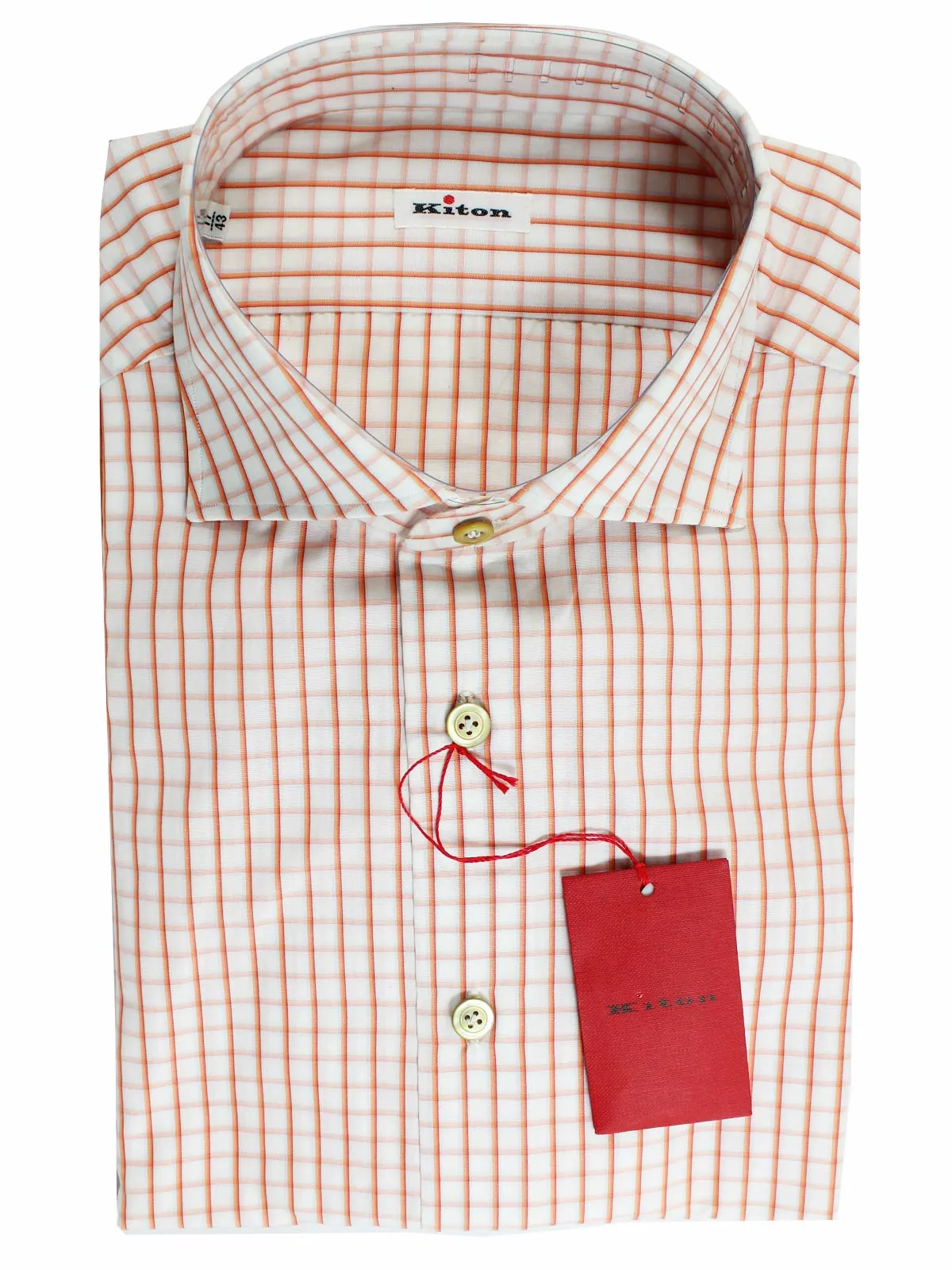 Kiton Dress Shirt White Orange Graph Check Spread Collar 40 - 15 3/4 REDUCED - SALE
