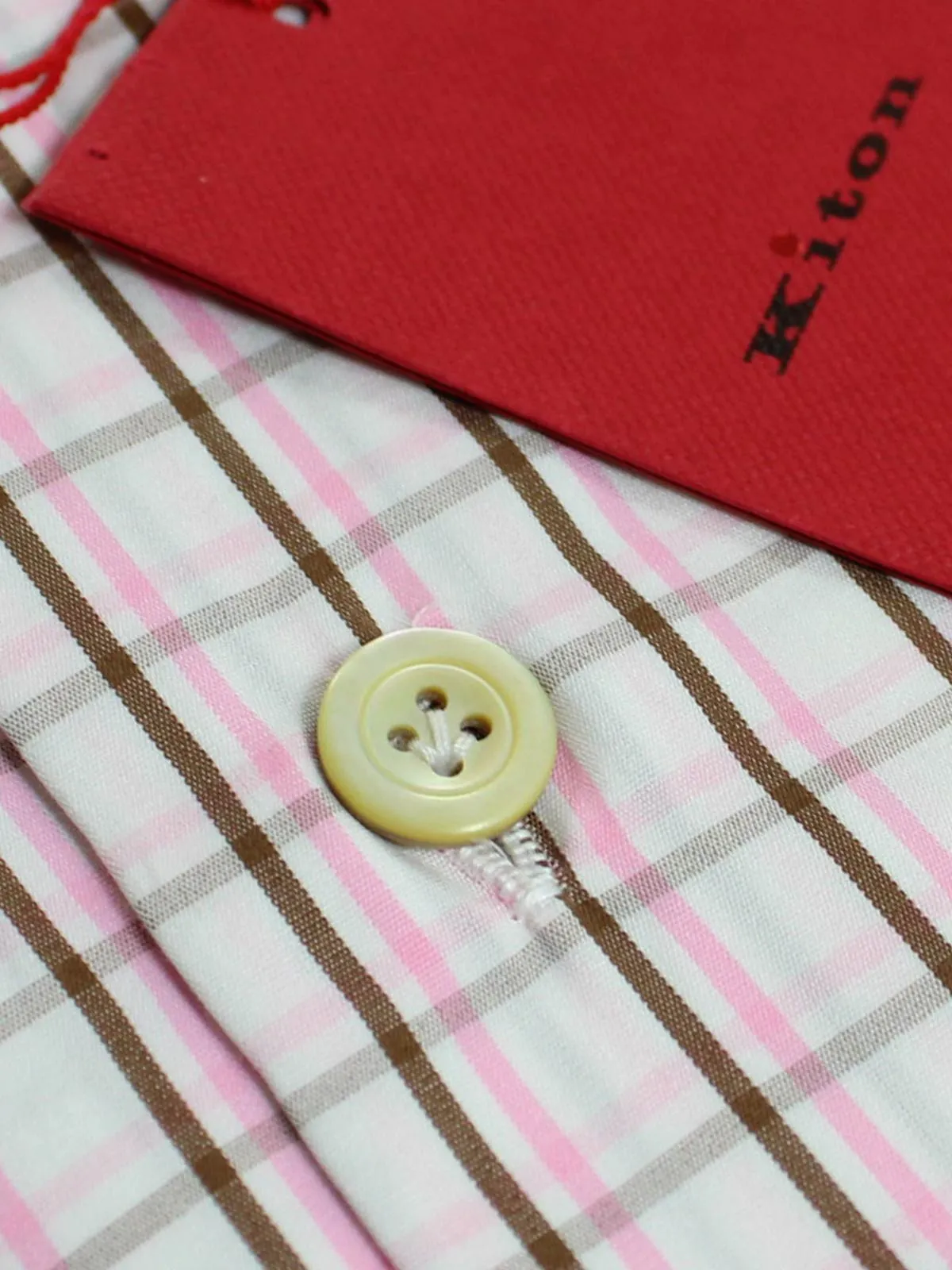 Kiton Short Sleeve Shirt White Pink Brown Check 37 - 14 1/2 REDUCED - SALE