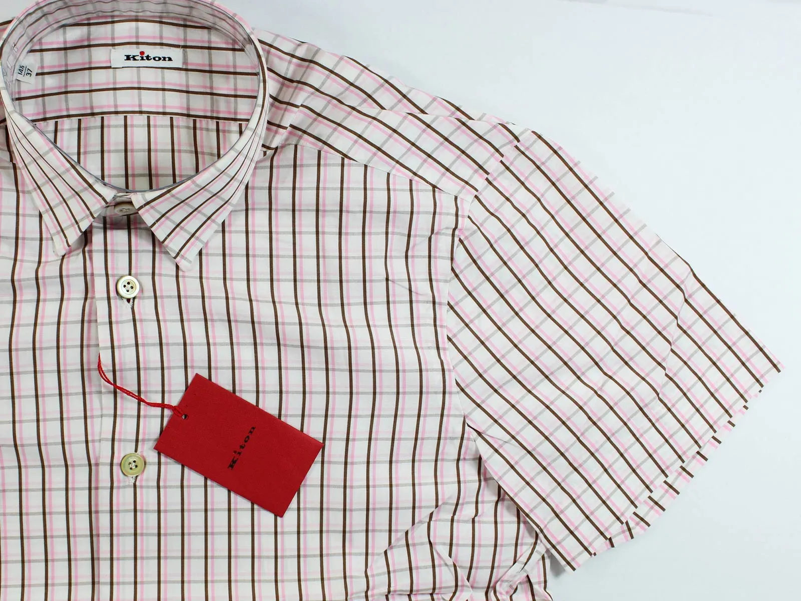 Kiton Short Sleeve Shirt White Pink Brown Check 37 - 14 1/2 REDUCED - SALE