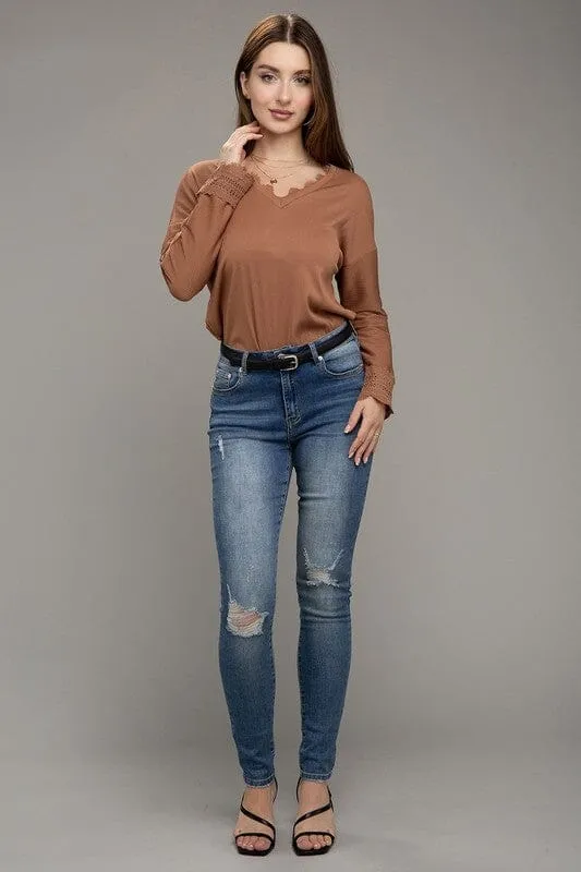 Lace Trim V Neck Long Sleeve