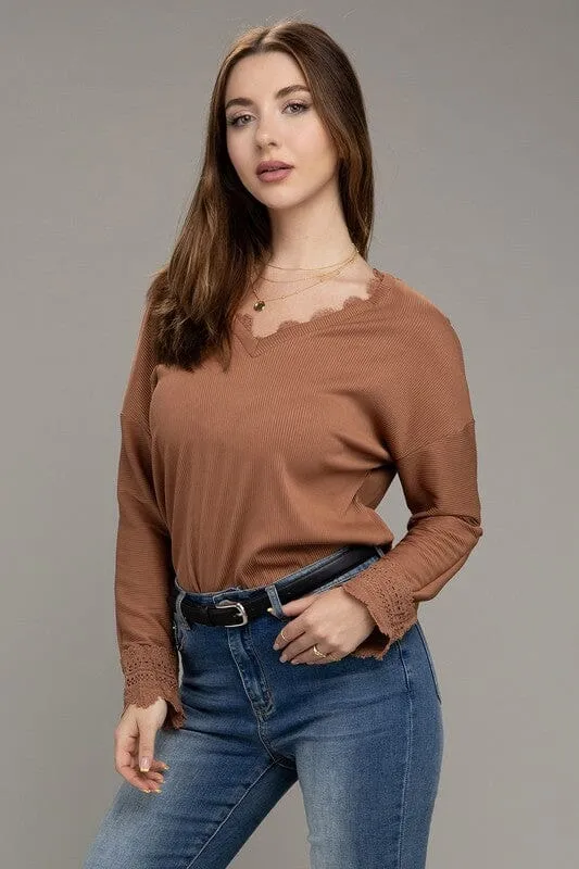 Lace Trim V Neck Long Sleeve