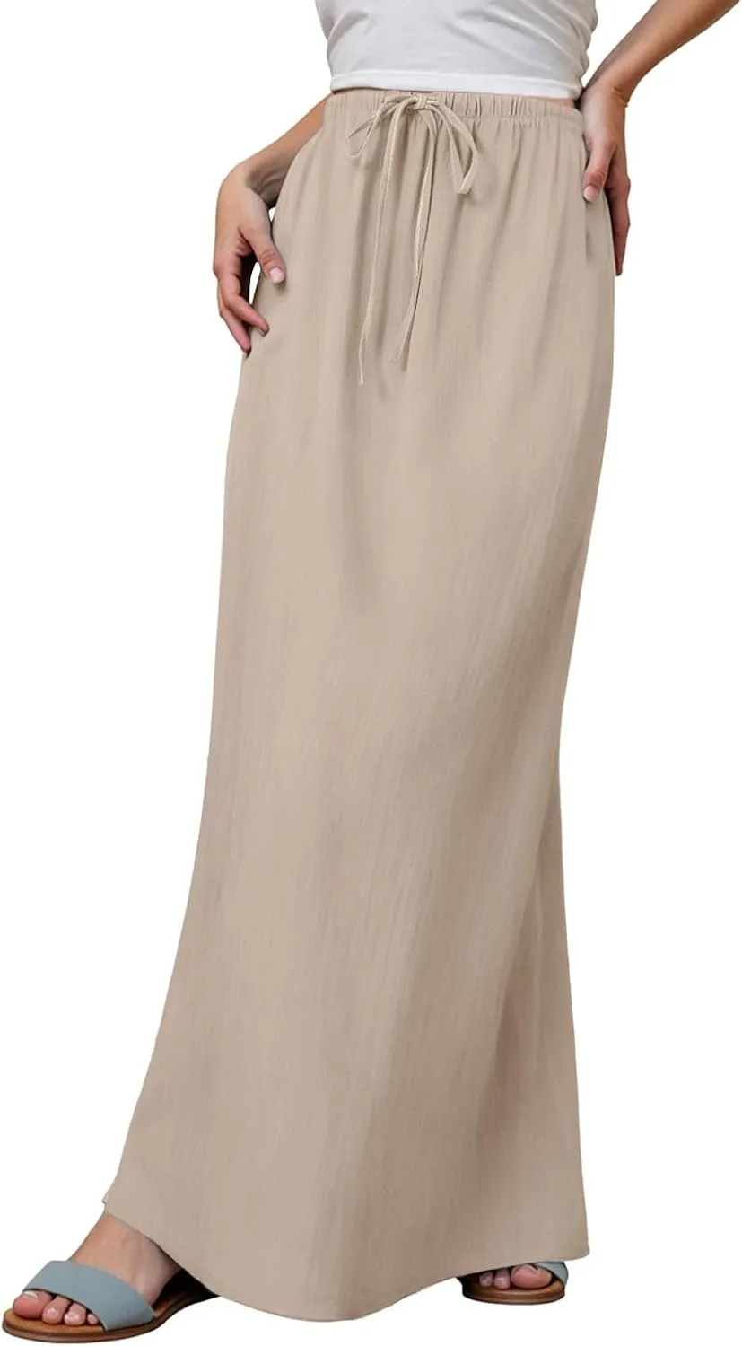 Linen Maxi Skirts for Women Trendy Flowy Boho Summer Skirt a Line Drawstring Long Skirt Vacation Bohomian Dress 2025