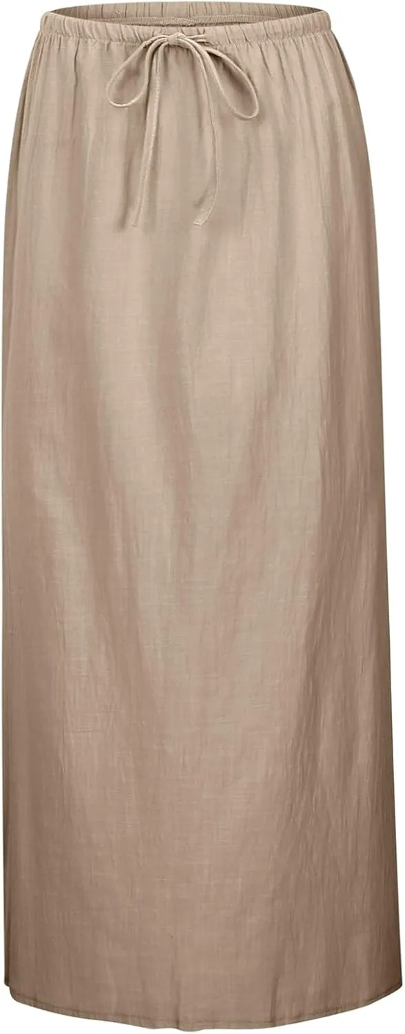 Linen Maxi Skirts for Women Trendy Flowy Boho Summer Skirt a Line Drawstring Long Skirt Vacation Bohomian Dress 2025