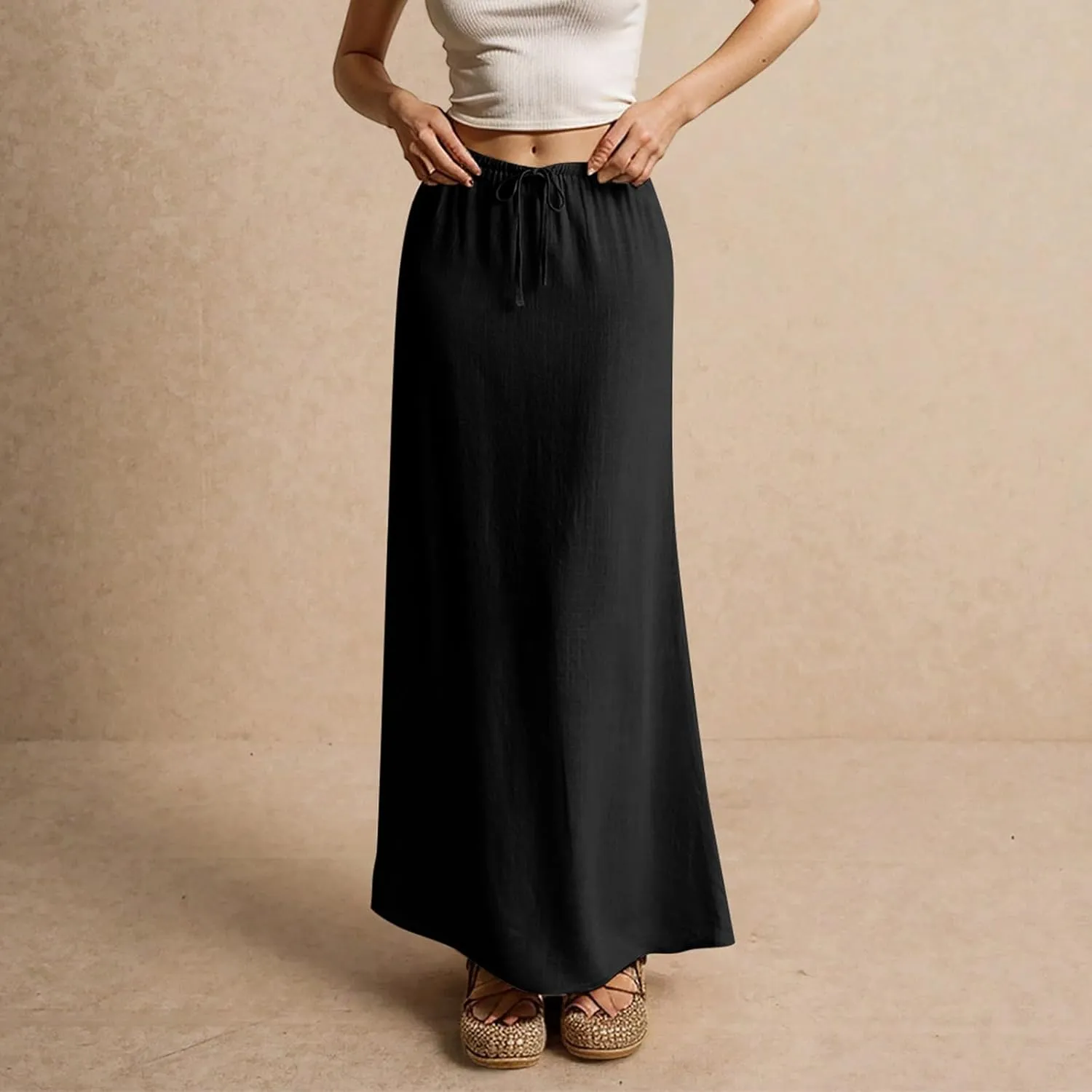Linen Maxi Skirts for Women Trendy Summer Casual Low Waisted Drawstring A Line Skirt Boho Long Flowy Skirts
