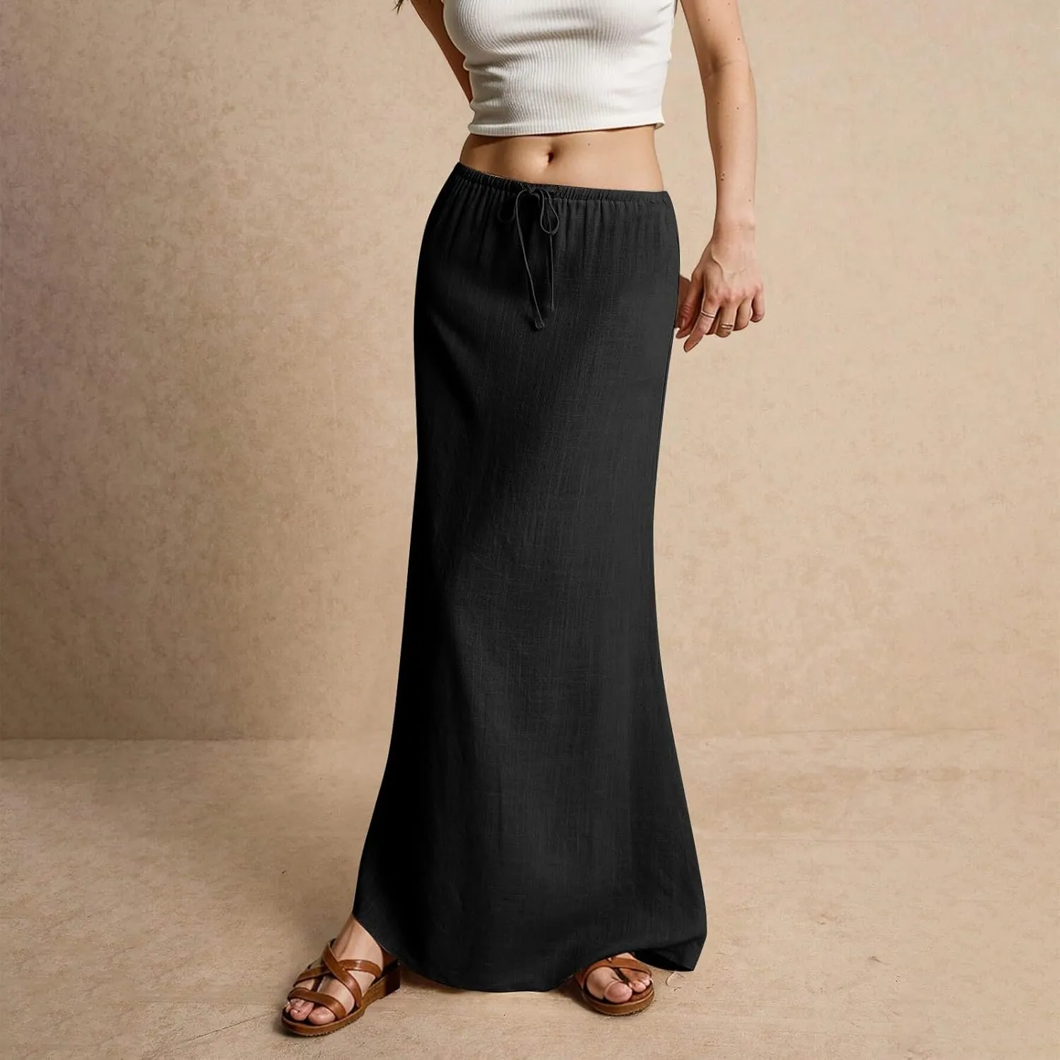Linen Maxi Skirts for Women Trendy Summer Casual Low Waisted Drawstring A Line Skirt Boho Long Flowy Skirts