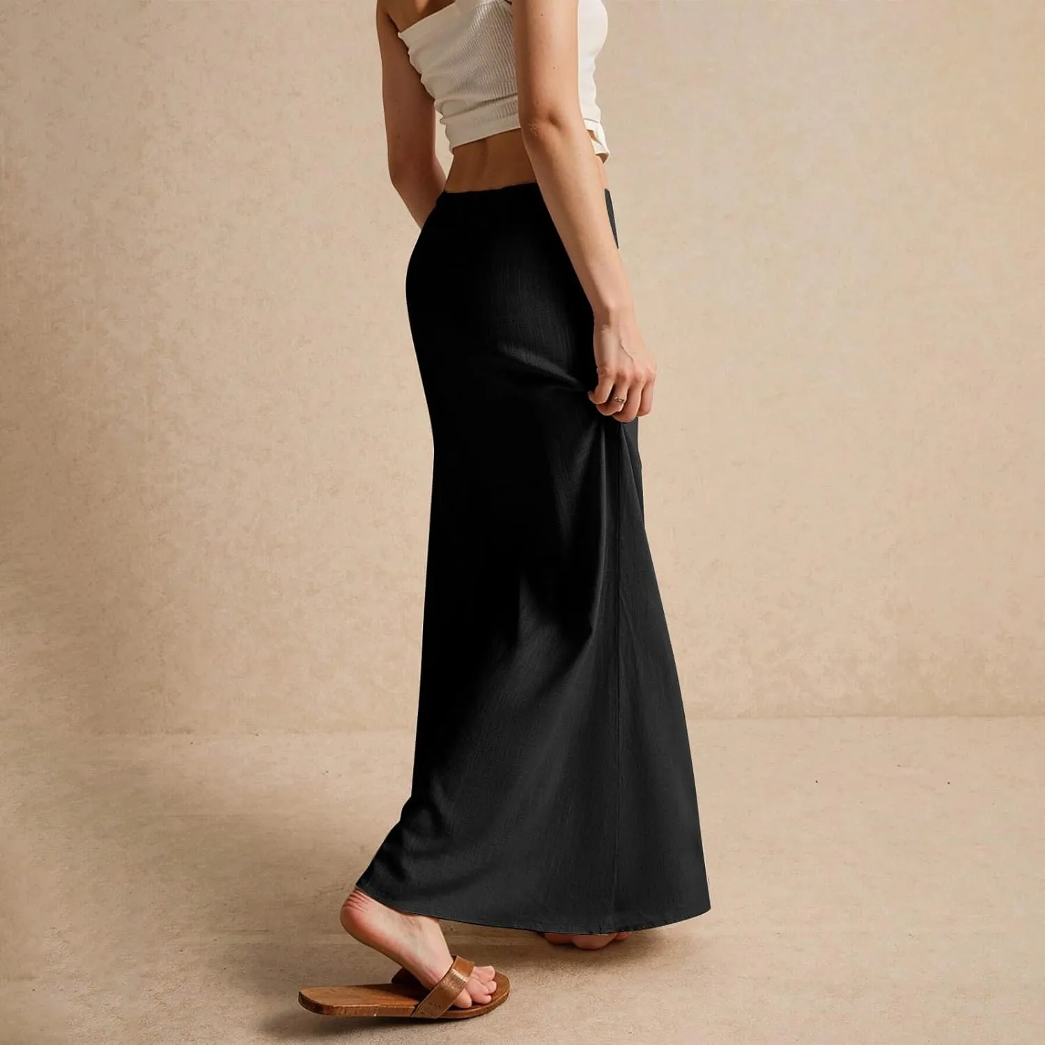 Linen Maxi Skirts for Women Trendy Summer Casual Low Waisted Drawstring A Line Skirt Boho Long Flowy Skirts