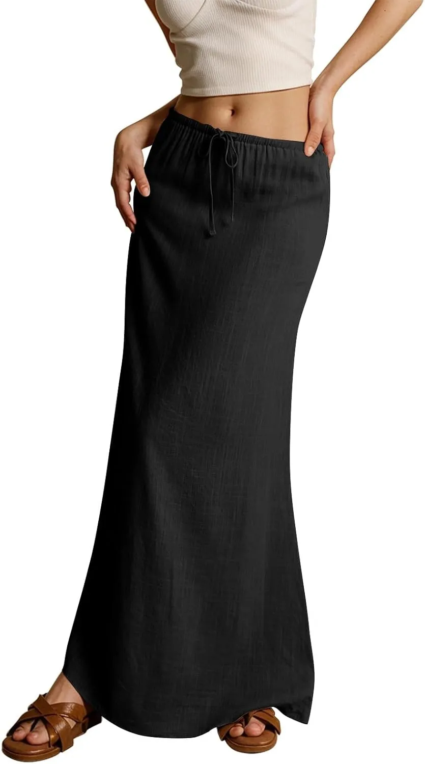 Linen Maxi Skirts for Women Trendy Summer Casual Low Waisted Drawstring A Line Skirt Boho Long Flowy Skirts