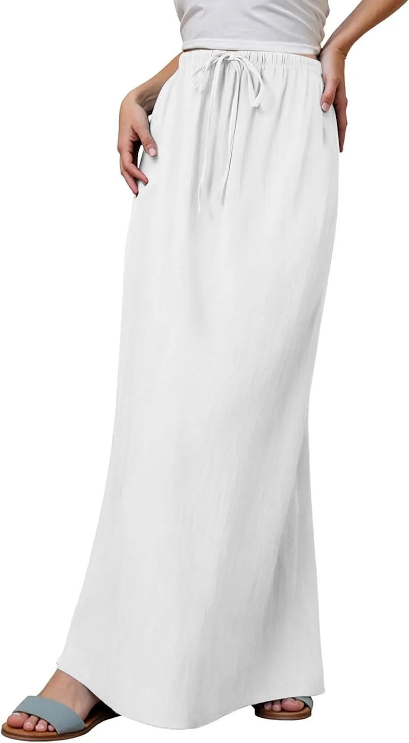 Linen Maxi Skirts for Women Trendy Summer Comfy Drawstring Waist A Line Skirts Cute Vacation Boho Long Flowy Skirts