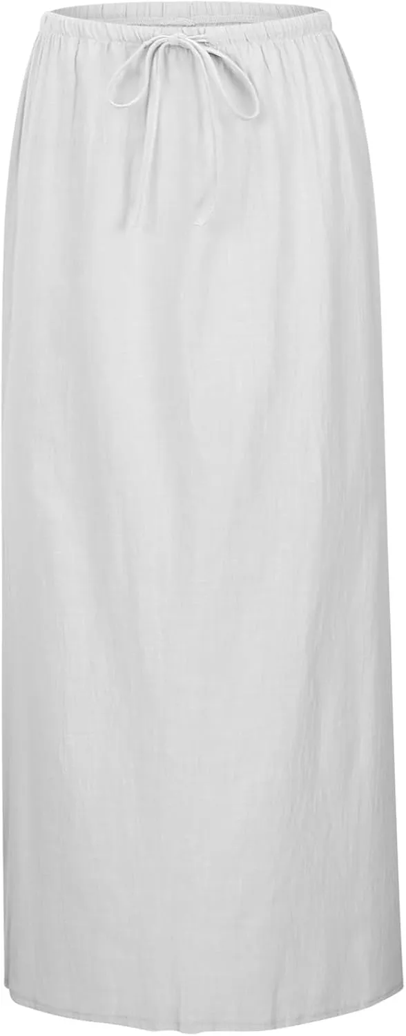 Linen Maxi Skirts for Women Trendy Summer Comfy Drawstring Waist A Line Skirts Cute Vacation Boho Long Flowy Skirts