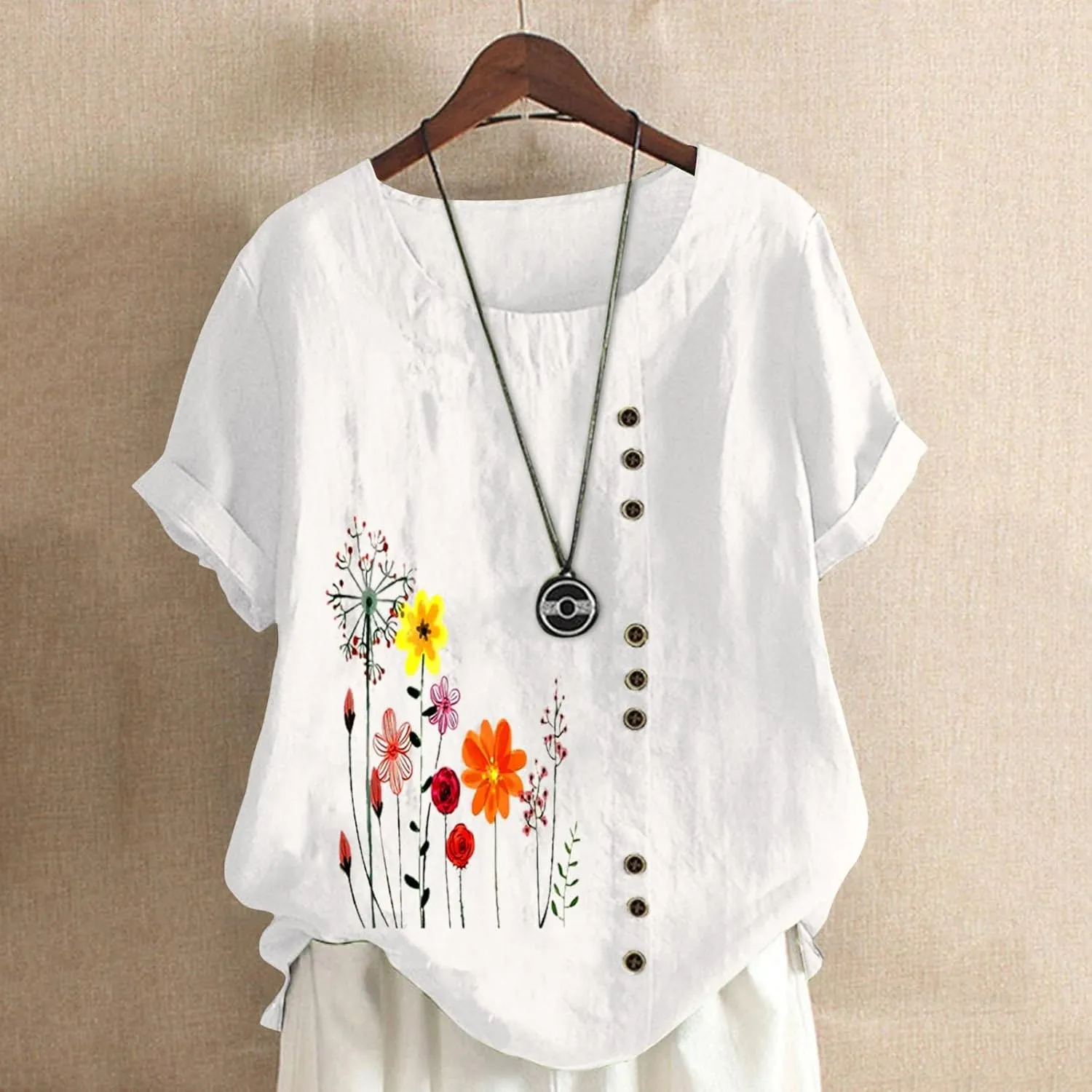 Linen Shirts for Women Summer Casual Loose Fit Tops Floral Printed Crew Neck Buttons Short Sleeve Trendy Blouses