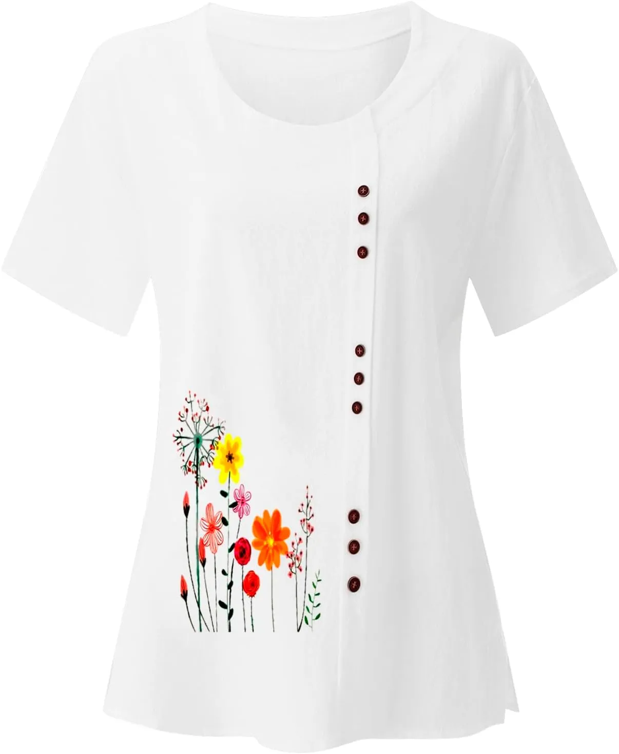 Linen Shirts for Women Summer Casual Loose Fit Tops Floral Printed Crew Neck Buttons Short Sleeve Trendy Blouses