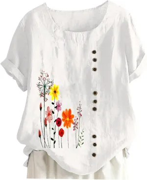 Linen Shirts for Women Summer Casual Loose Fit Tops Floral Printed Crew Neck Buttons Short Sleeve Trendy Blouses