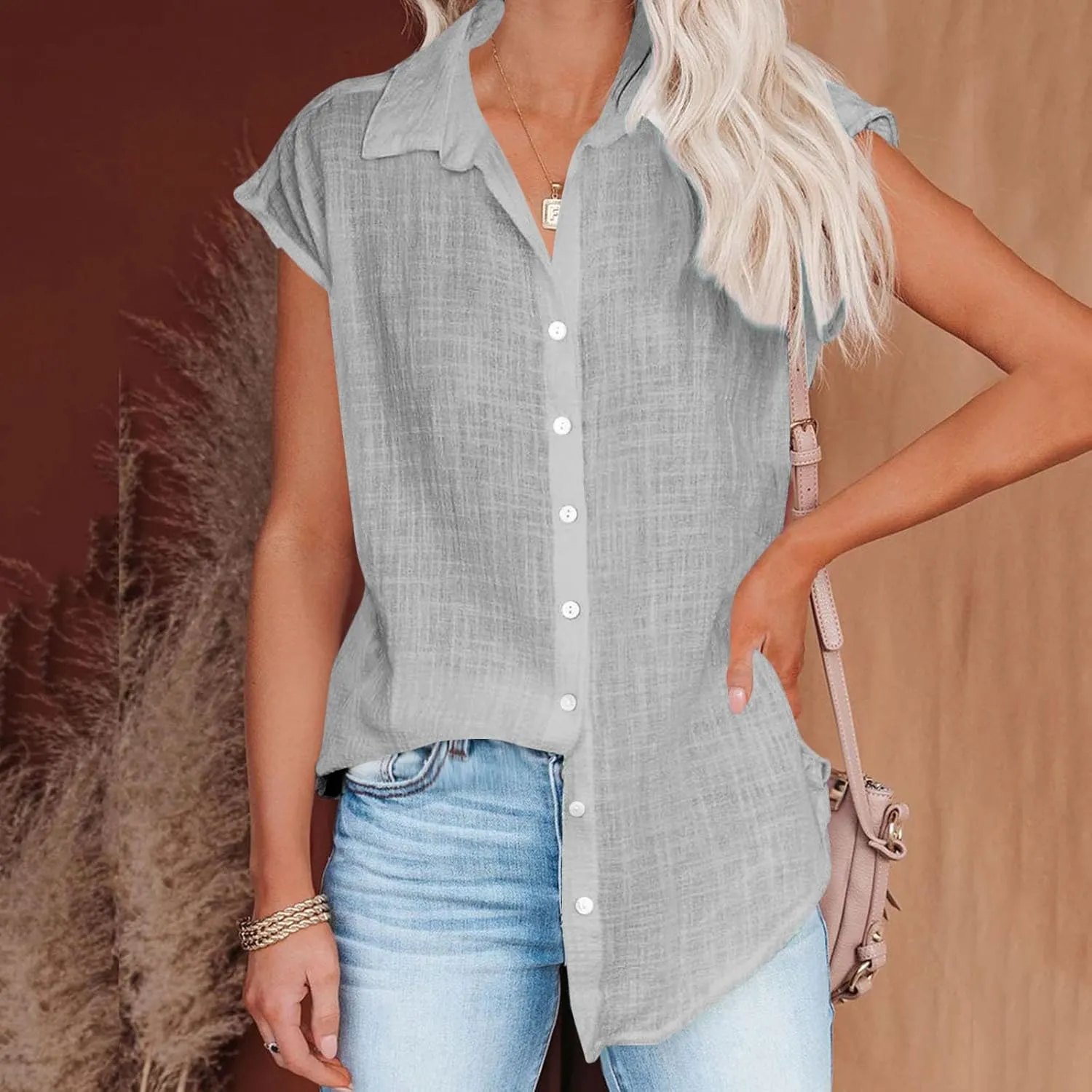 Linen Shirts for Women Trendy Button Down V Neck Shirt Summer Collared Short Sleeve Boho Tops Casual Blouses