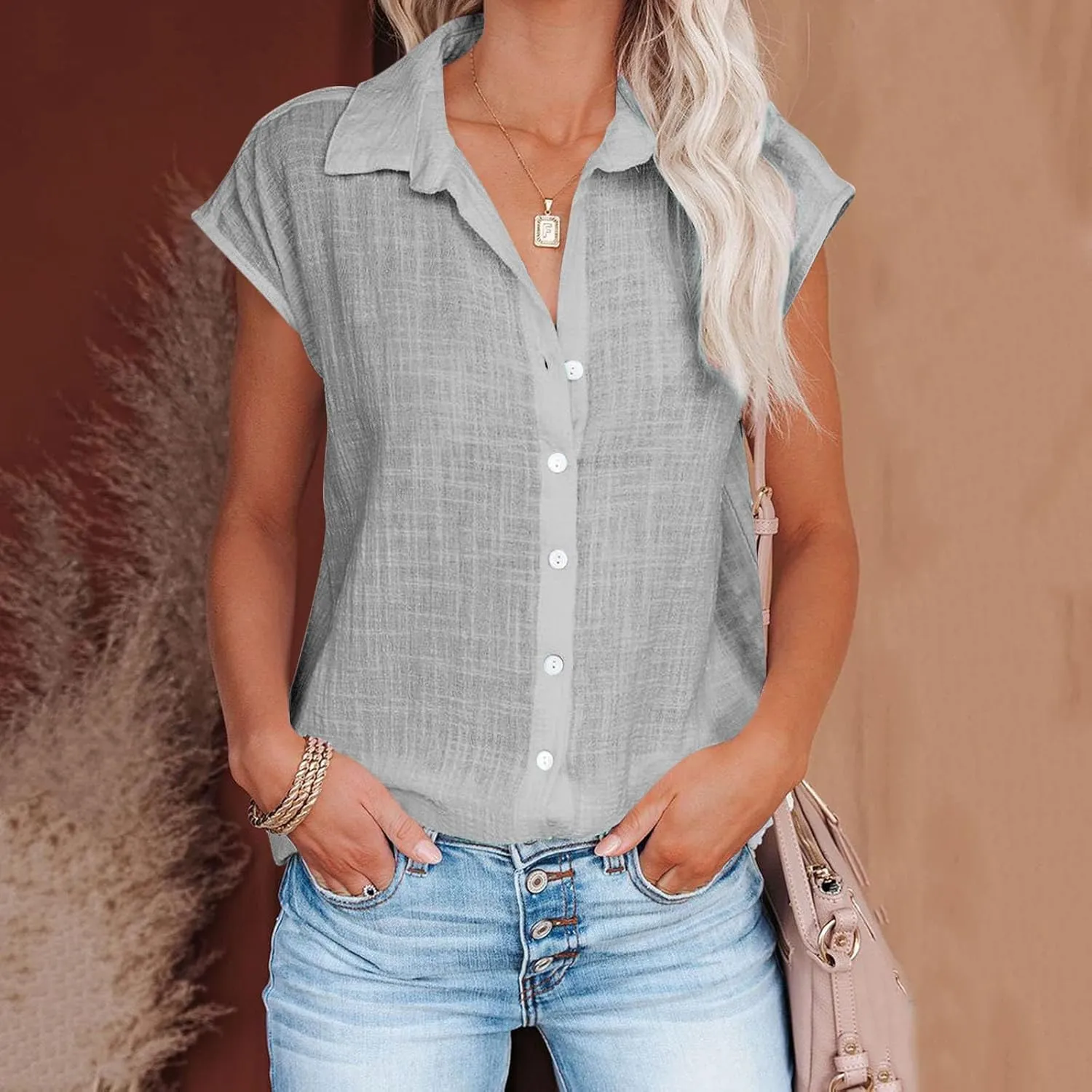 Linen Shirts for Women Trendy Button Down V Neck Shirt Summer Collared Short Sleeve Boho Tops Casual Blouses