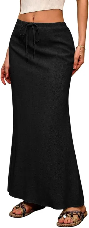 Linen Skirts for Women Drawstring High Waisted Back Slit Maxi Skirt Summer Vacation Long Pencil Skirt with Pockets