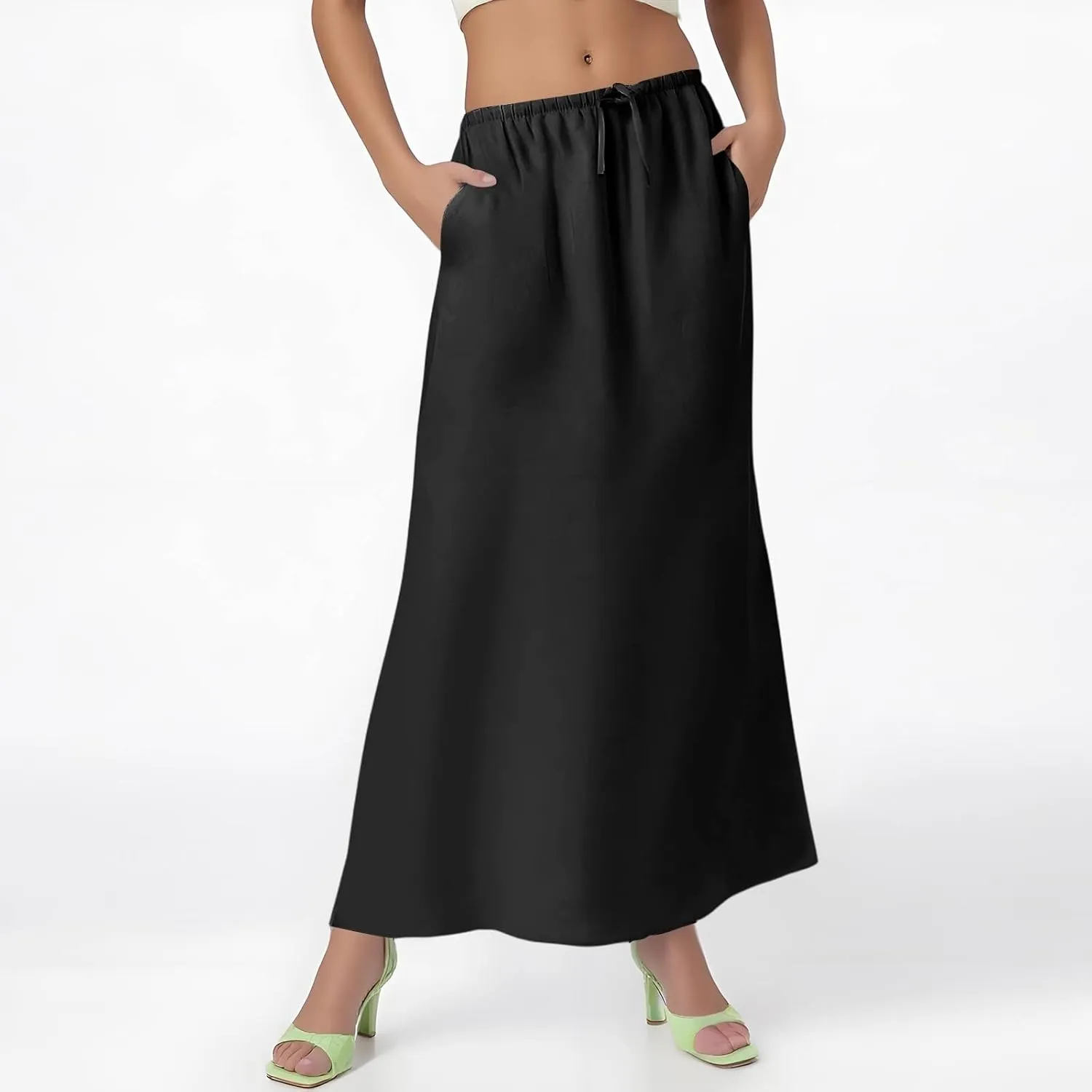 Linen Skirts for Women Drawstring High Waisted Back Slit Maxi Skirt Summer Vacation Long Pencil Skirt with Pockets