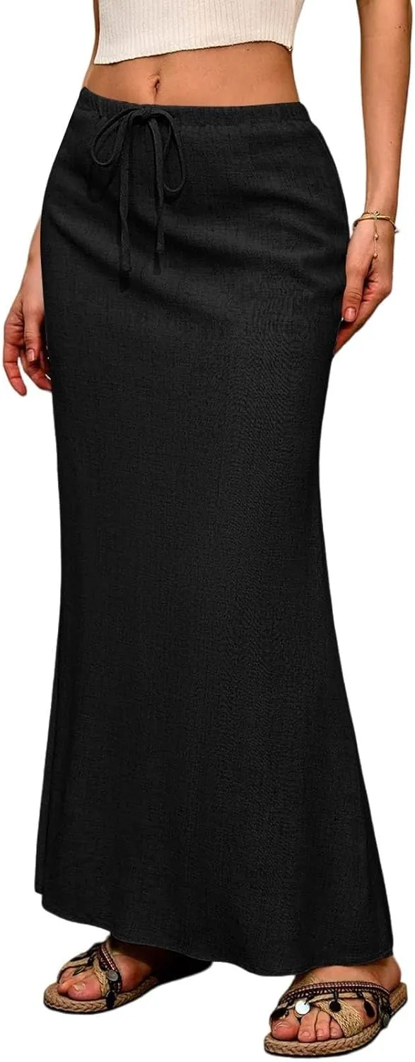 Linen Skirts for Women Drawstring High Waisted Back Slit Maxi Skirt Summer Vacation Long Pencil Skirt with Pockets