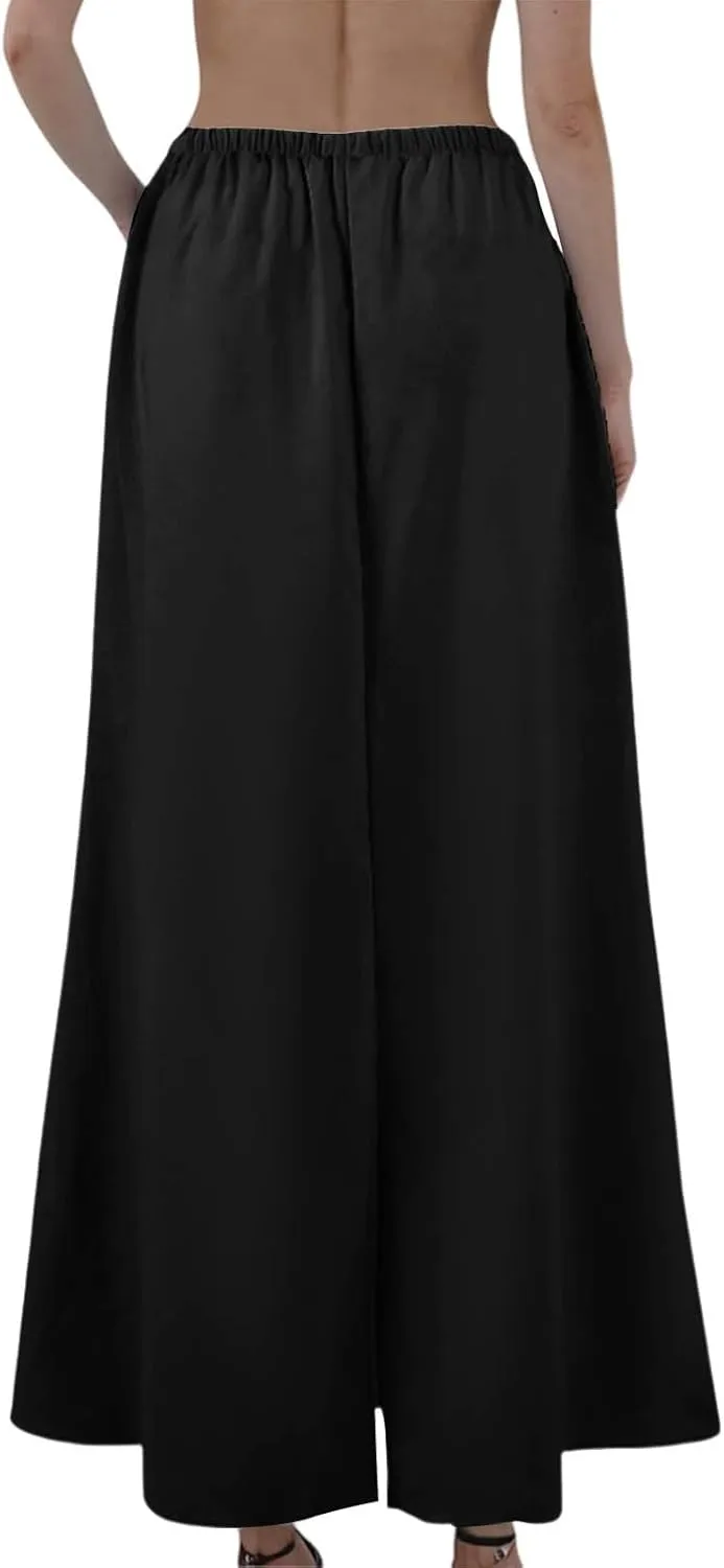 Linen Skirts for Women Drawstring High Waisted Back Slit Maxi Skirt Summer Vacation Long Pencil Skirt with Pockets